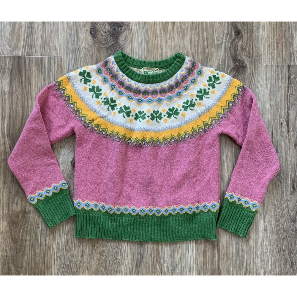 Kiel james Patrick Pink Fair Isle Irish Sweater Lucky Shamrocks XS Pink Green